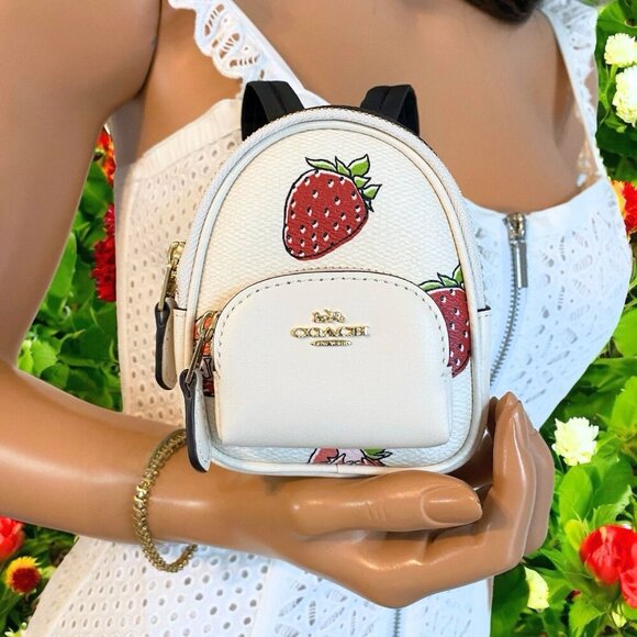 Coach Strawberry Print Mini Backpack Bag Keychain Coin Purse Charm NWT - Picture 1 of 8